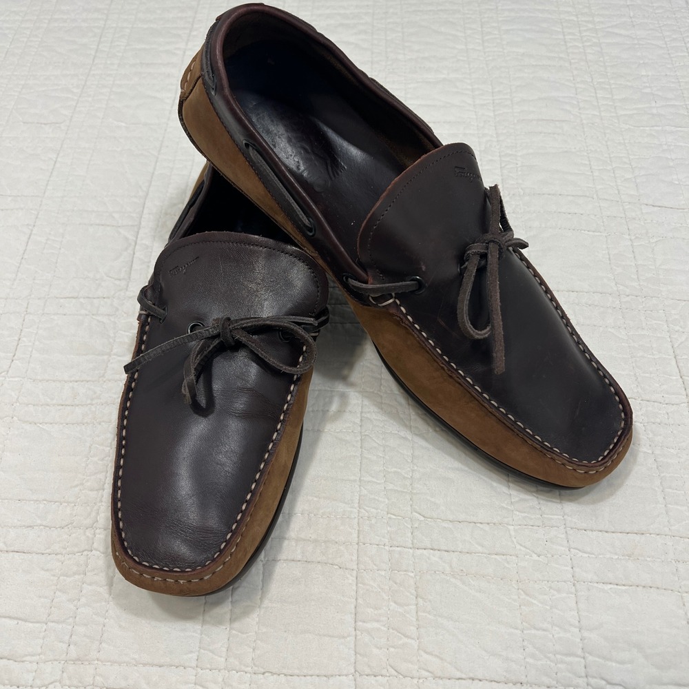 Salvatore Ferragamo Mens Brown Leather Suede Driving Loafers 002447 10.5 2E